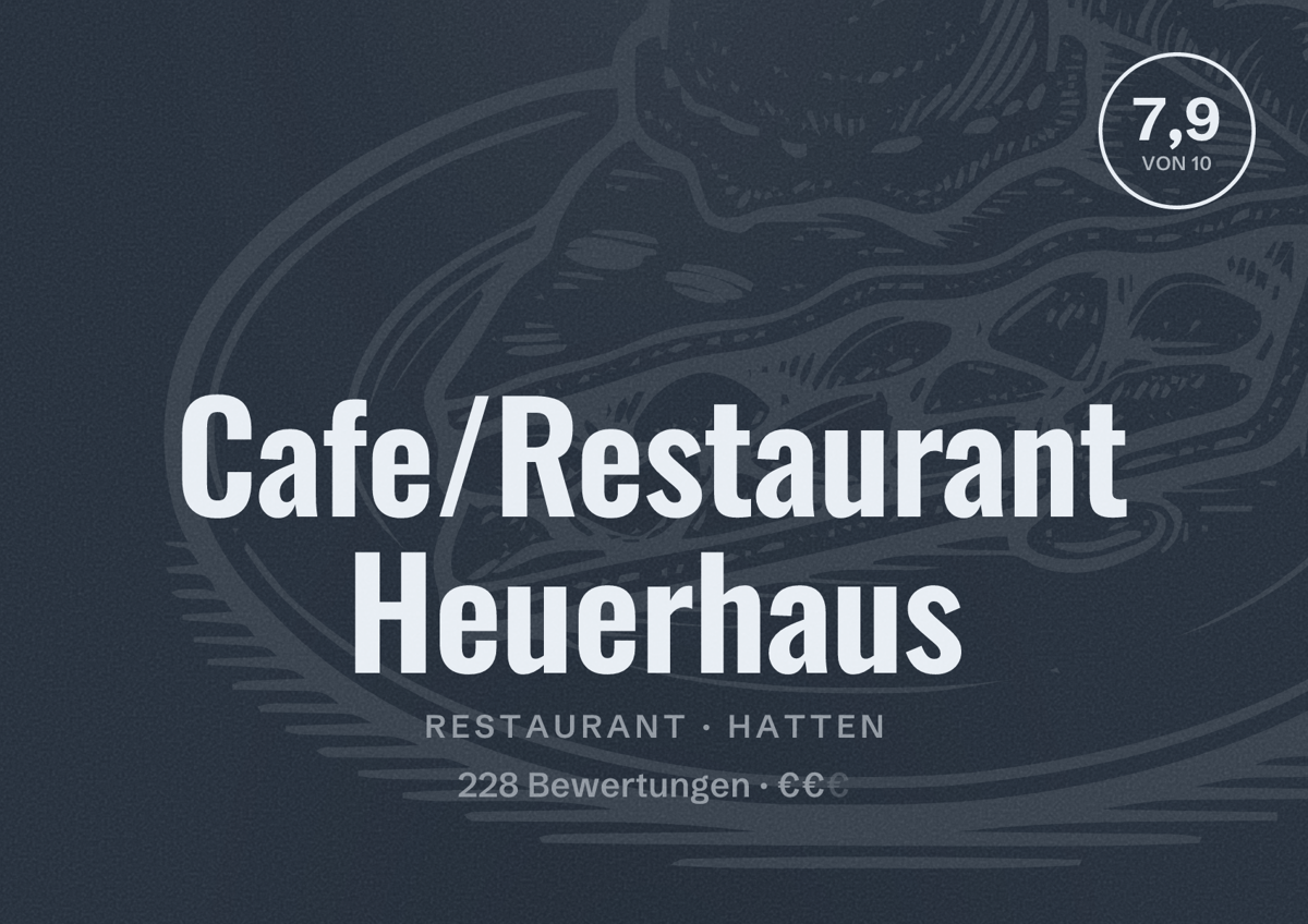 Illustriertes Poster von Cafe/Restaurant Heuerhaus, Restaurant in Hatten: Bewertung 7,9 von 10 aus 228 Bewertungen, Preisniveau €€
