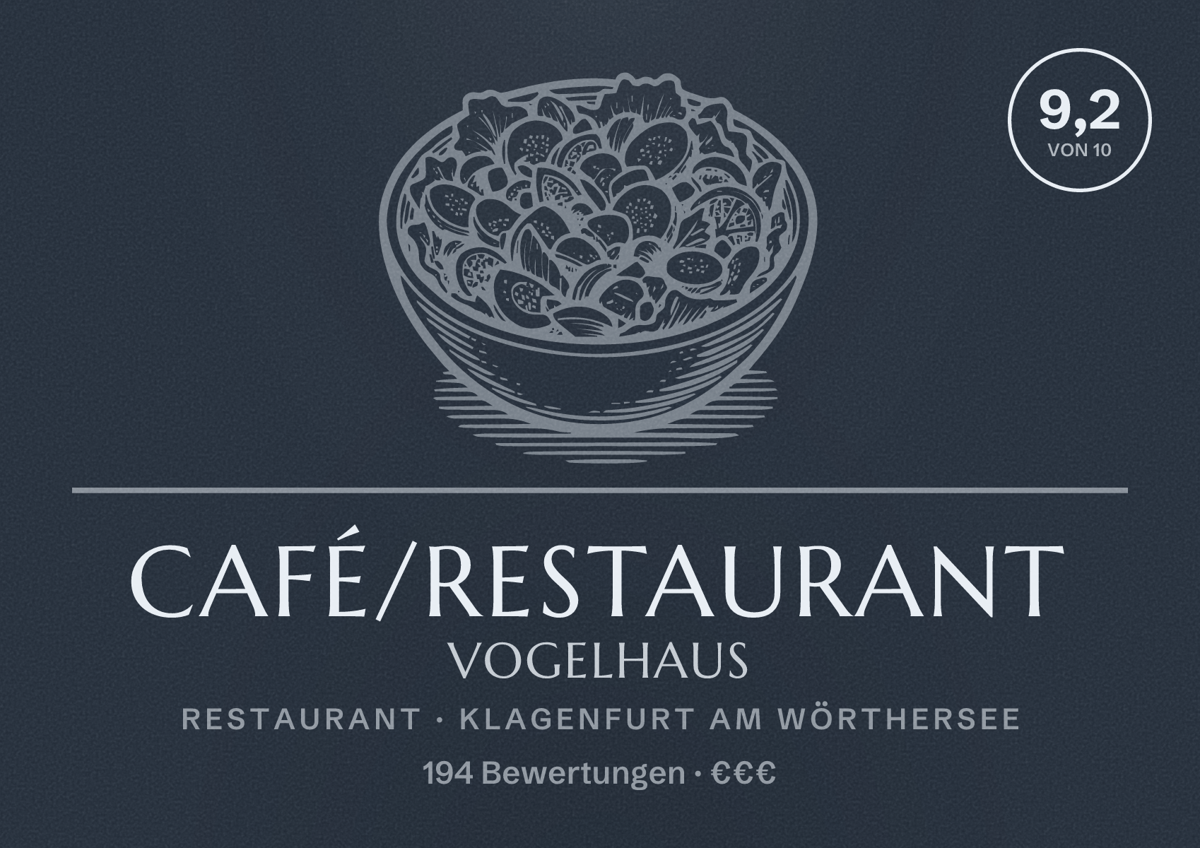 Illustriertes Poster von Café/Restaurant Vogelhaus, Restaurant in Klagenfurt am Wörthersee: Bewertung 9,2 von 10 aus 194 Bewertungen, Preisniveau €€€