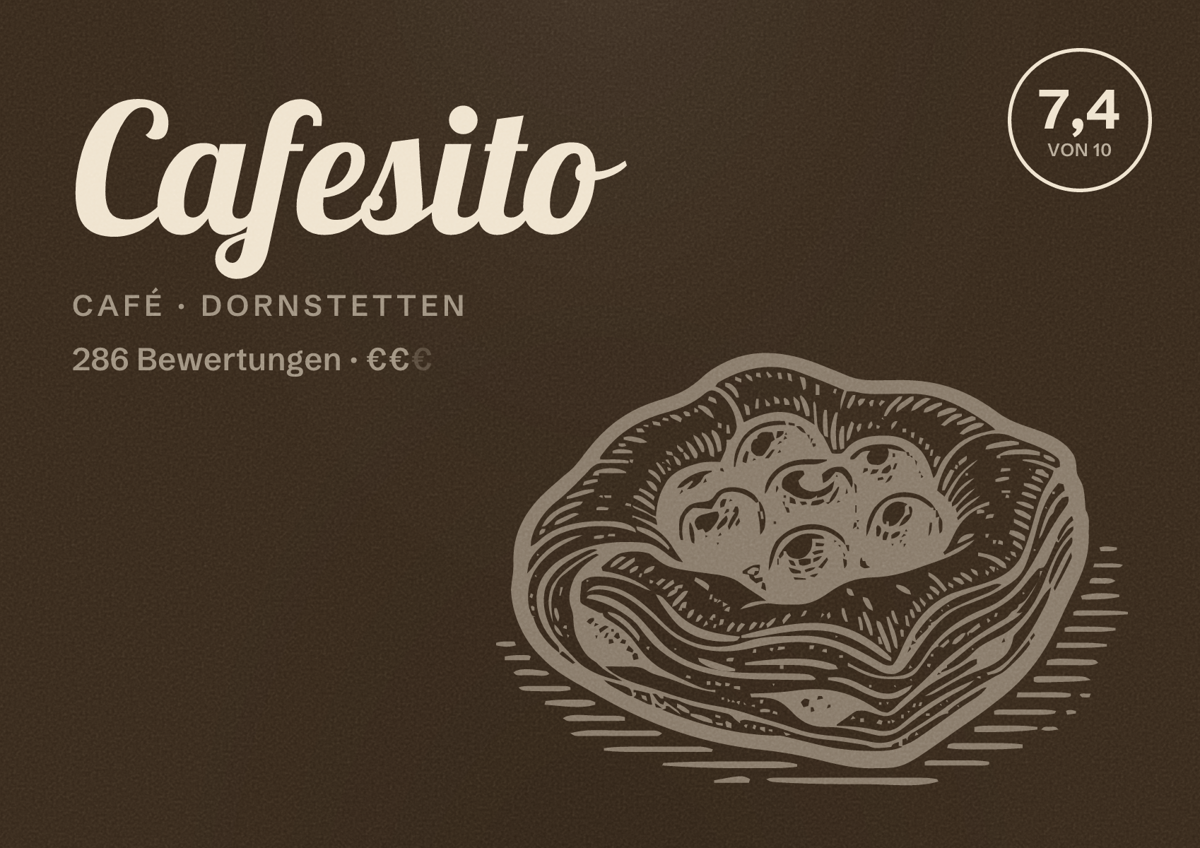 Illustriertes Poster von Cafesito, Café in Dornstetten: Bewertung 7,4 von 10 aus 286 Bewertungen, Preisniveau €€