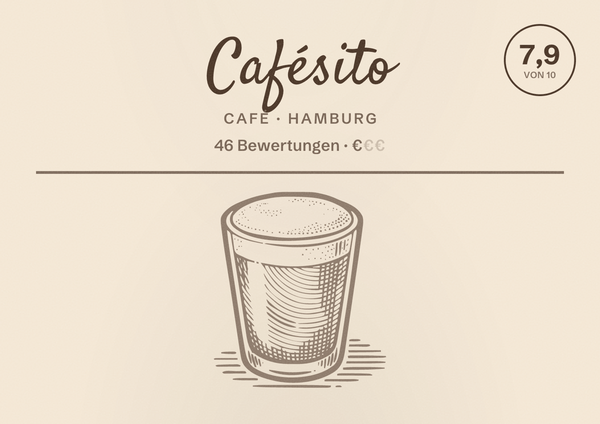 Illustriertes Poster von Cafésito, Café in Hamburg: Bewertung 7,9 von 10 aus 46 Bewertungen, Preisniveau €