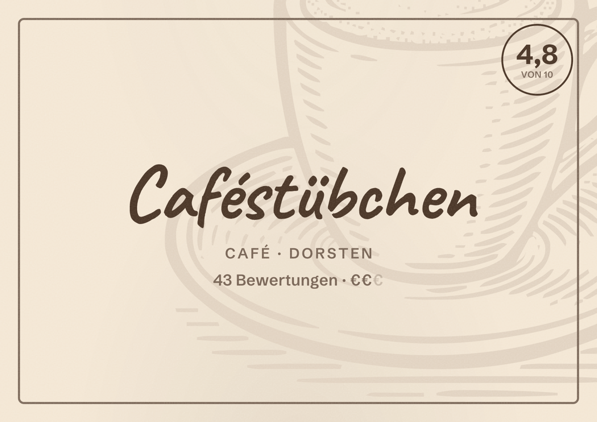 Illustriertes Poster von Caféstübchen, Café in Dorsten: Bewertung 4,8 von 10 aus 43 Bewertungen, Preisniveau €€