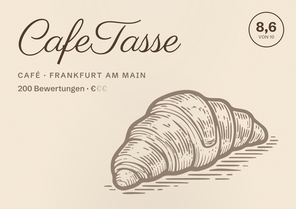 Illustriertes Poster von CafeTasse, Café in Frankfurt am Main: Bewertung 8,6 von 10 aus 200 Bewertungen, Preisniveau €