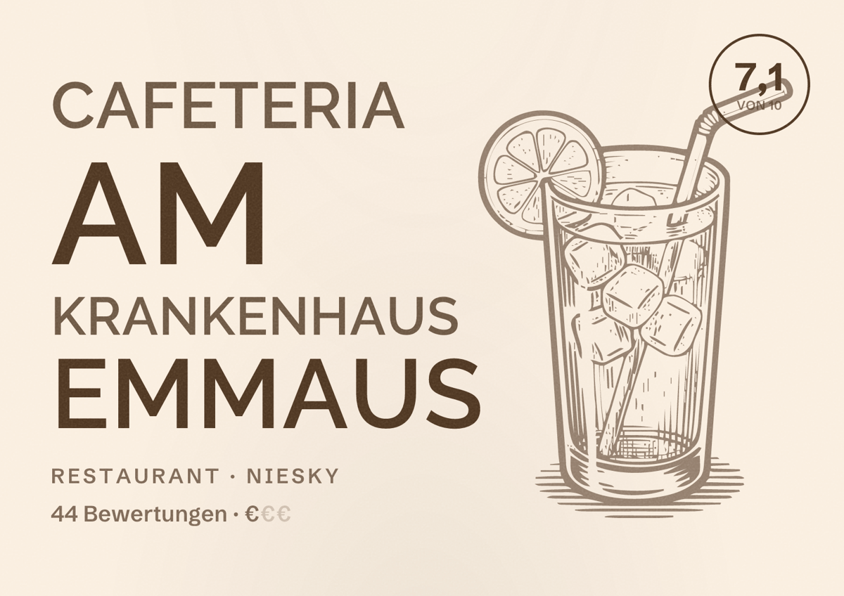 Illustriertes Poster von Cafeteria am Krankenhaus Emmaus, Restaurant in Niesky: Bewertung 7,1 von 10 aus 44 Bewertungen, Preisniveau €