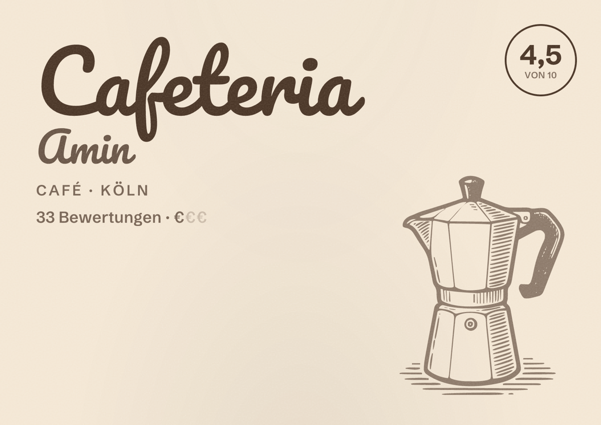 Illustriertes Poster von Cafeteria Amin, Café in Köln: Bewertung 4,5 von 10 aus 33 Bewertungen, Preisniveau €