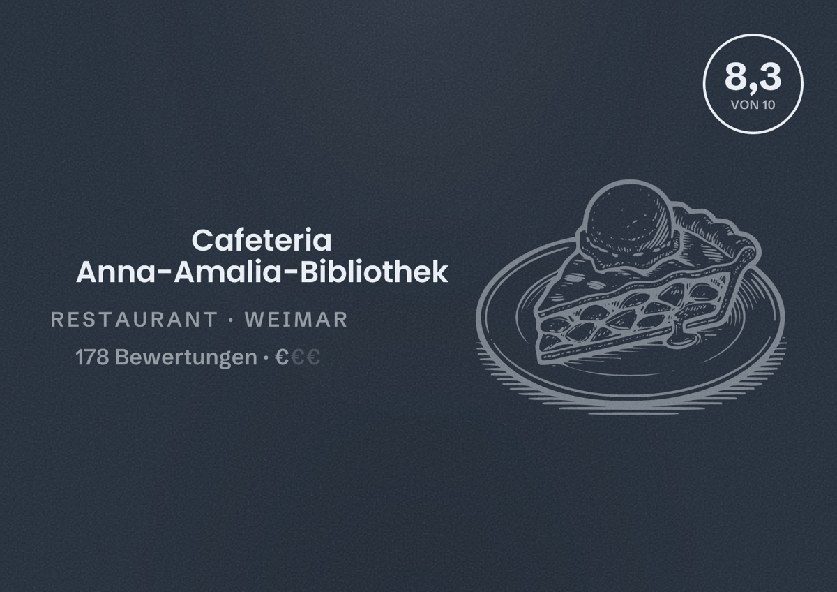 Illustriertes Poster von Cafeteria Anna-Amalia-Bibliothek, Restaurant in Weimar: Bewertung 8,3 von 10 aus 178 Bewertungen, Preisniveau €