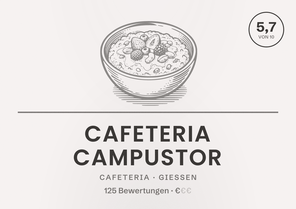 Illustriertes Poster von Cafeteria CampusTor, Cafeteria in Gießen: Bewertung 5,7 von 10 aus 125 Bewertungen, Preisniveau €