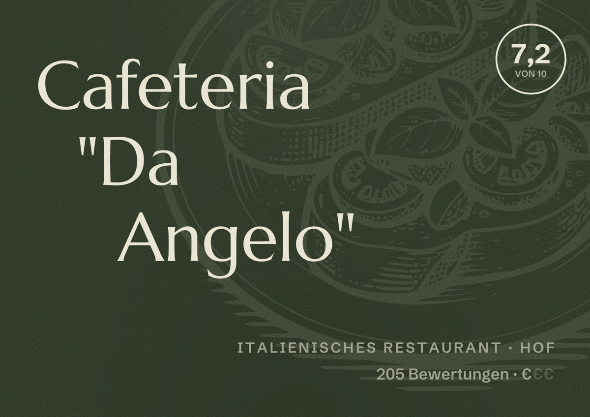 Illustriertes Poster von Cafeteria "Da Angelo", Italienisches Restaurant in Hof: Bewertung 7,2 von 10 aus 205 Bewertungen, Preisniveau €