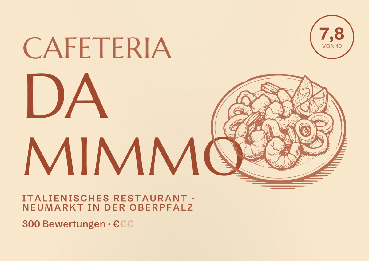 Illustriertes Poster von Cafeteria Da Mimmo, Italienisches Restaurant in Neumarkt in der Oberpfalz: Bewertung 7,8 von 10 aus 300 Bewertungen, Preisniveau €