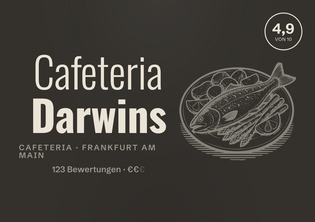Illustriertes Poster von Cafeteria Darwins, Cafeteria in Frankfurt am Main: Bewertung 4,9 von 10 aus 123 Bewertungen, Preisniveau €€