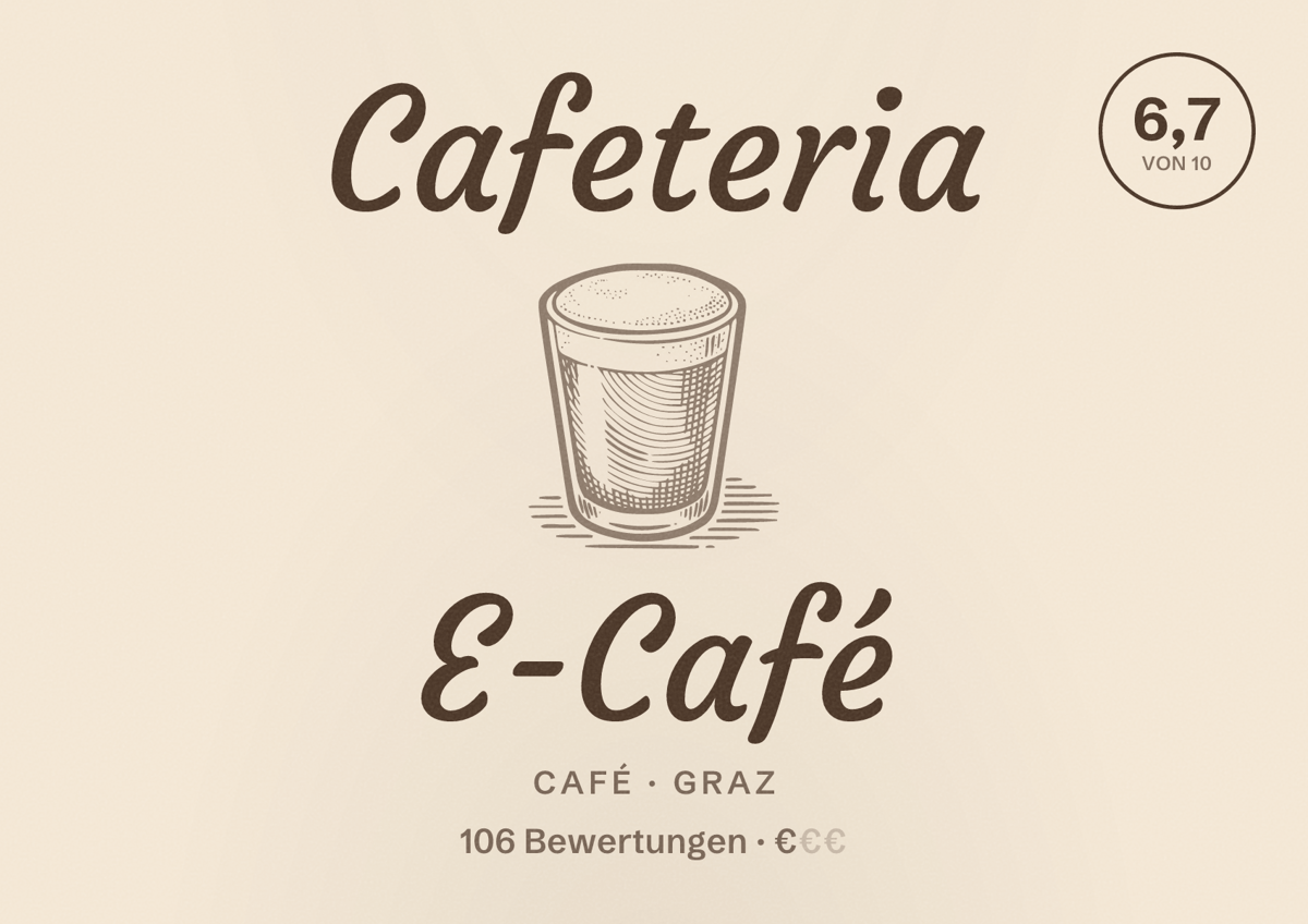Illustriertes Poster von Cafeteria E-Café, Café in Graz: Bewertung 6,7 von 10 aus 106 Bewertungen, Preisniveau €
