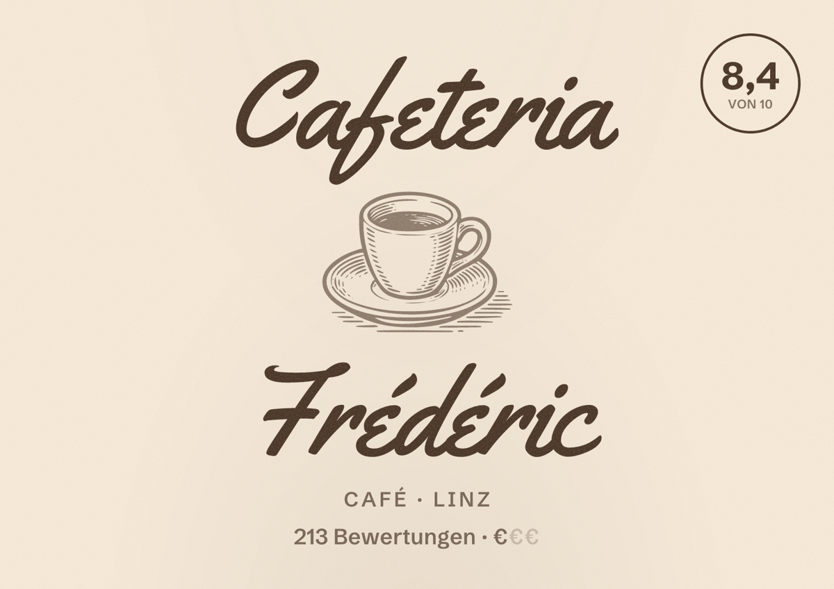 Illustriertes Poster von Cafeteria Frédéric, Café in Linz: Bewertung 8,4 von 10 aus 213 Bewertungen, Preisniveau €