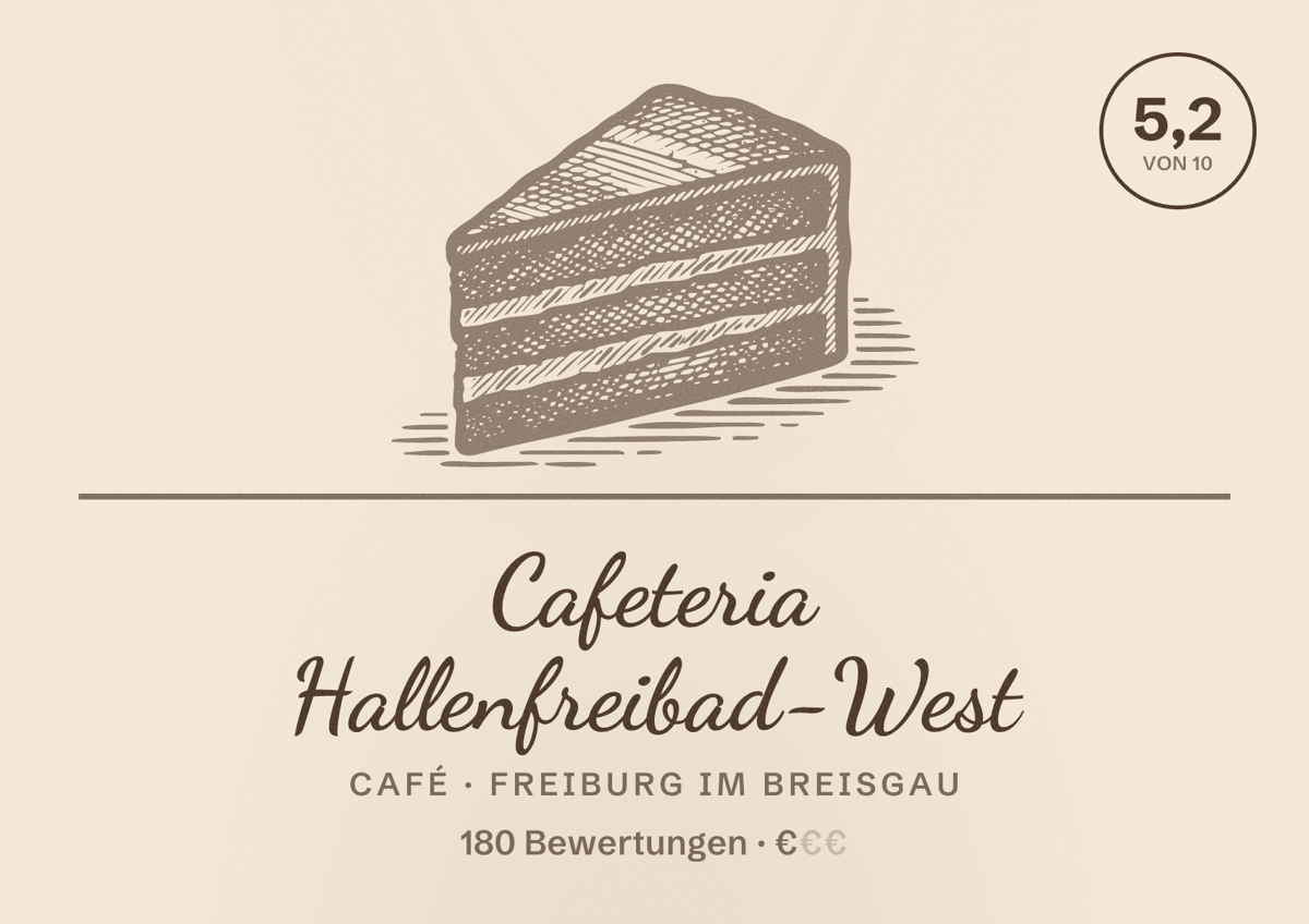 Illustriertes Poster von Cafeteria Hallenfreibad-West, Café in Freiburg im Breisgau: Bewertung 5,2 von 10 aus 180 Bewertungen, Preisniveau €