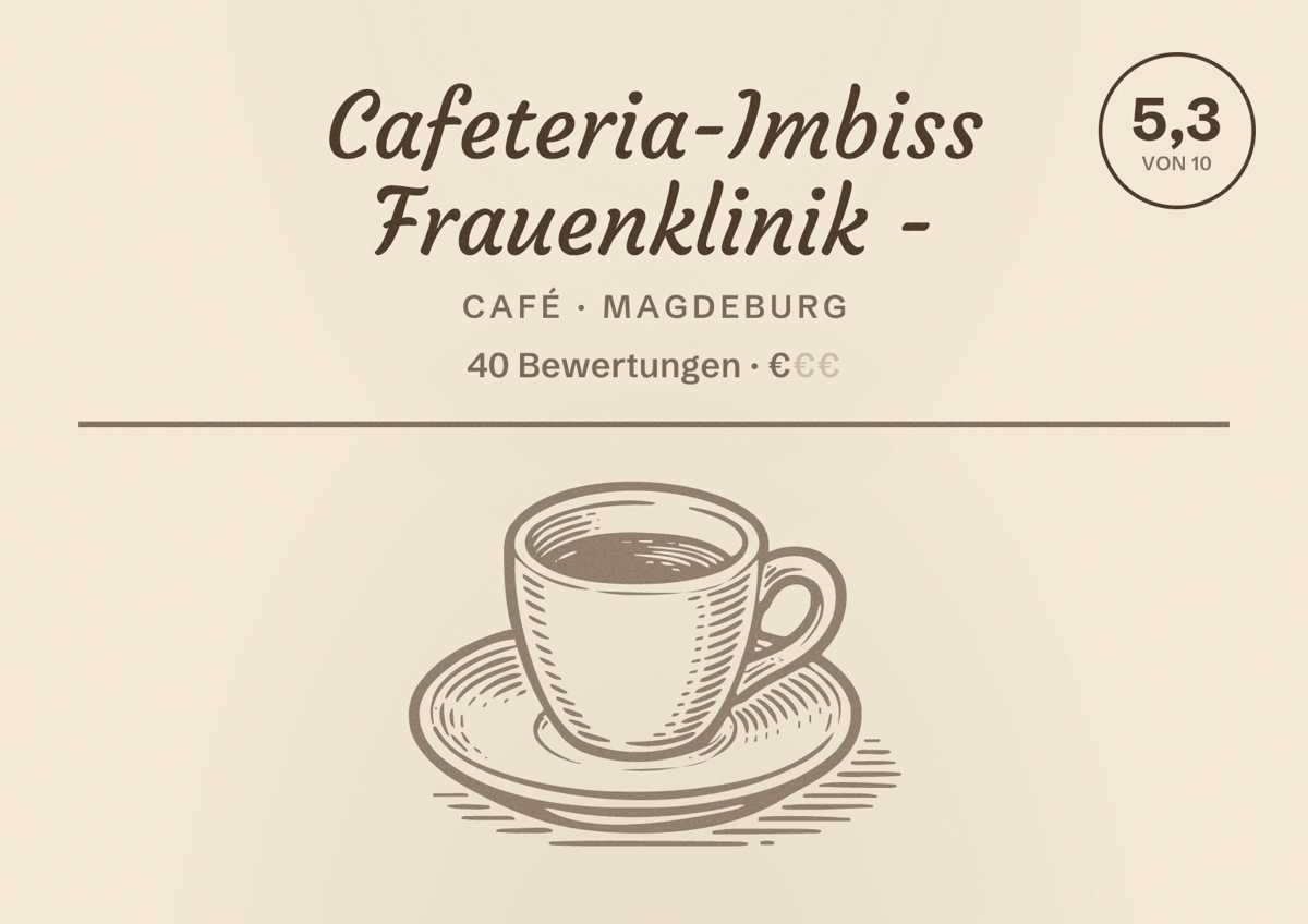 Illustriertes Poster von Cafeteria-Imbiss Frauenklinik -, Café in Magdeburg: Bewertung 5,3 von 10 aus 40 Bewertungen, Preisniveau €