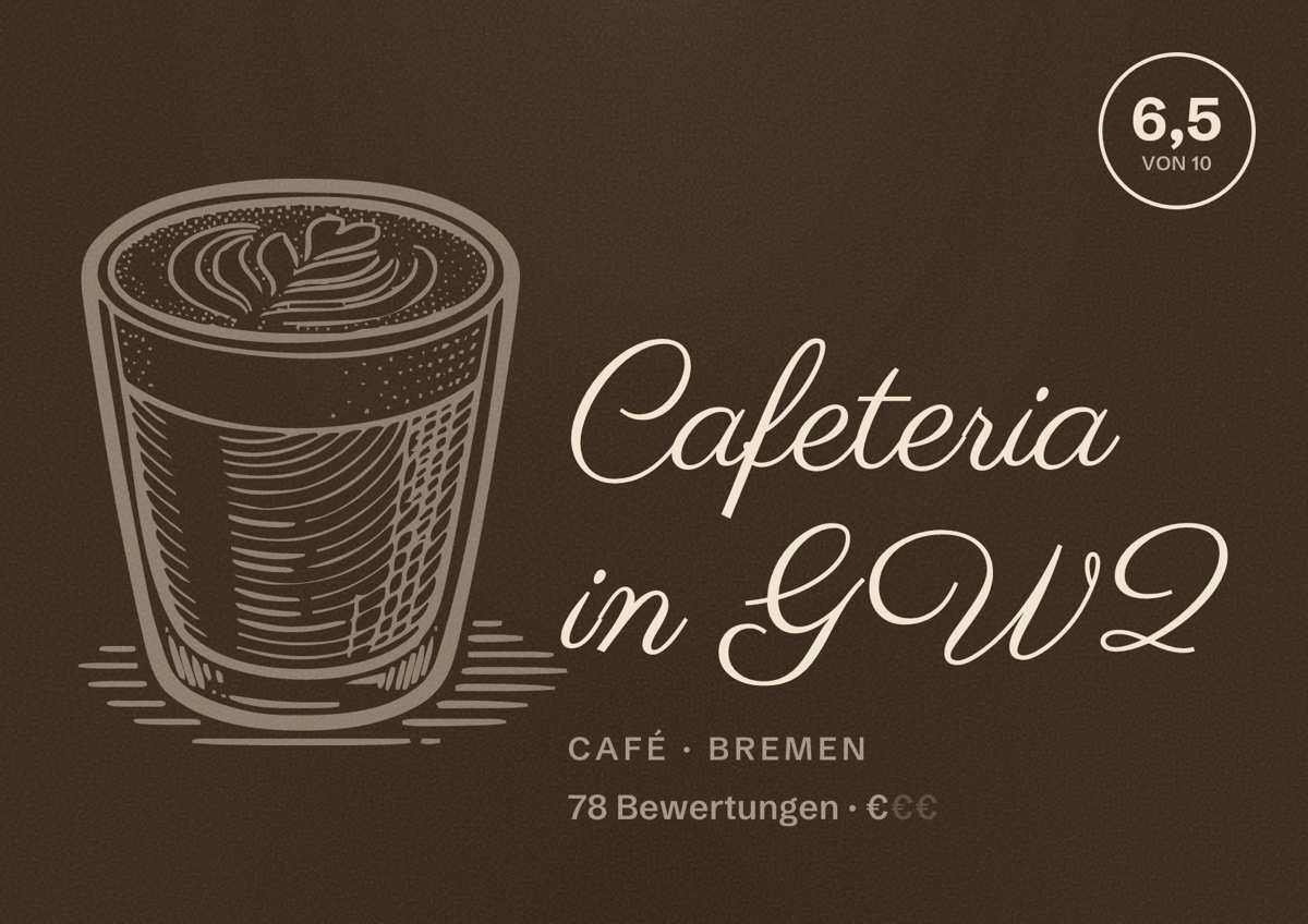 Illustriertes Poster von Cafeteria in GW2, Café in Bremen: Bewertung 6,5 von 10 aus 78 Bewertungen, Preisniveau €