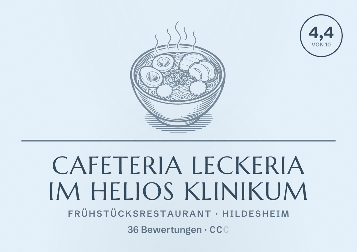 Illustriertes Poster von Cafeteria LECKERIA im Helios Klinikum, Frühstücksrestaurant in Hildesheim: Bewertung 4,4 von 10 aus 36 Bewertungen, Preisniveau €€