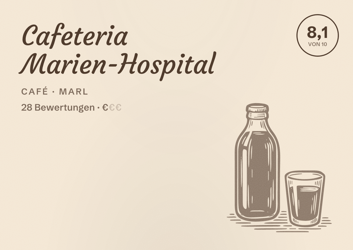 Illustriertes Poster von Cafeteria Marien-Hospital, Café in Marl: Bewertung 8,1 von 10 aus 28 Bewertungen, Preisniveau €
