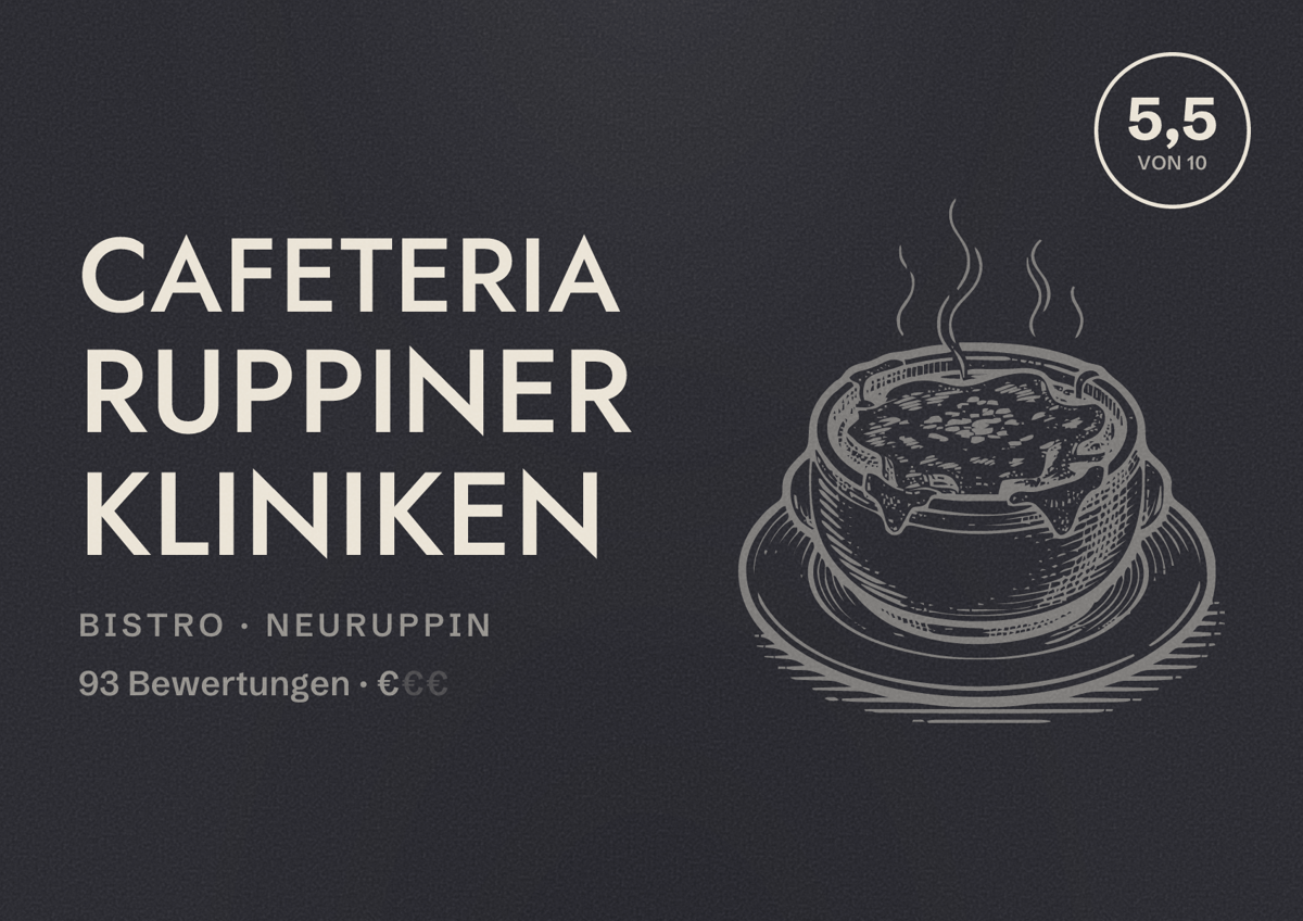 Illustriertes Poster von Cafeteria Ruppiner Kliniken, Bistro in Neuruppin: Bewertung 5,5 von 10 aus 93 Bewertungen, Preisniveau €