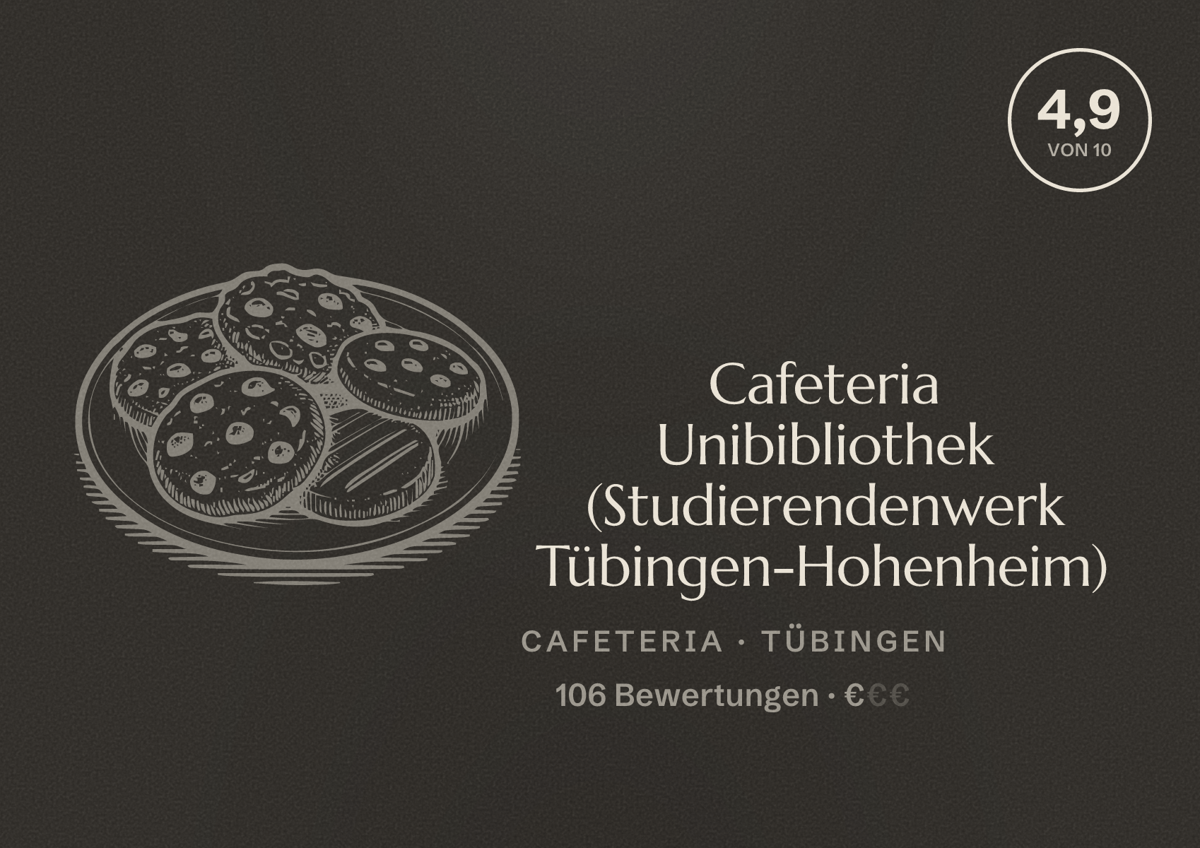 Illustriertes Poster von Cafeteria Unibibliothek (Studierendenwerk Tübingen-Hohenheim), Cafeteria in Tübingen: Bewertung 4,9 von 10 aus 106 Bewertungen, Preisniveau €