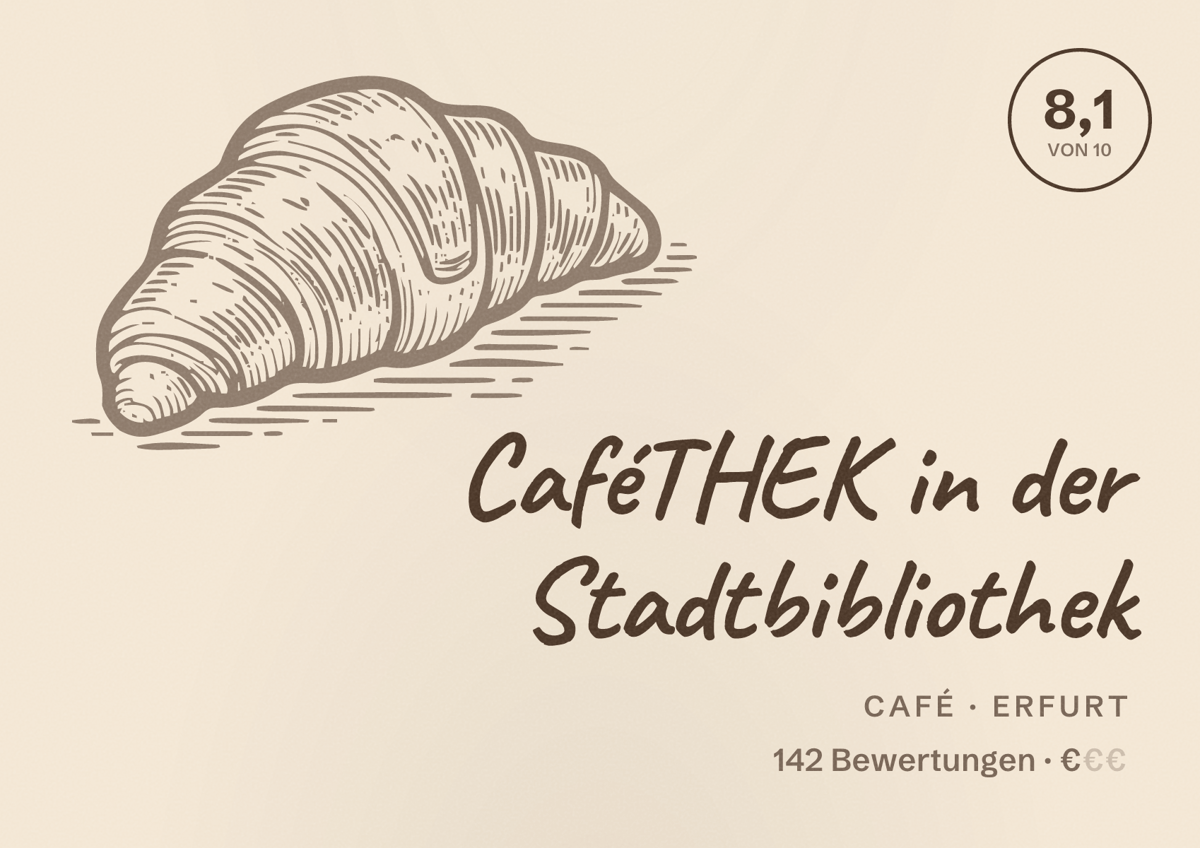Illustriertes Poster von CaféTHEK in der Stadtbibliothek, Café in Erfurt: Bewertung 8,1 von 10 aus 142 Bewertungen, Preisniveau €