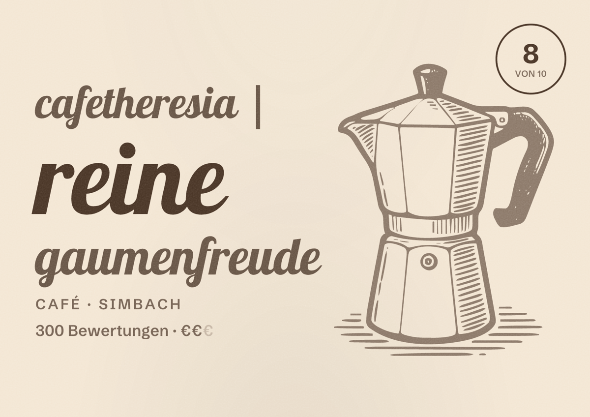 Illustriertes Poster von cafetheresia | reine gaumenfreude, Café in Simbach: Bewertung 8 von 10 aus 300 Bewertungen, Preisniveau €€