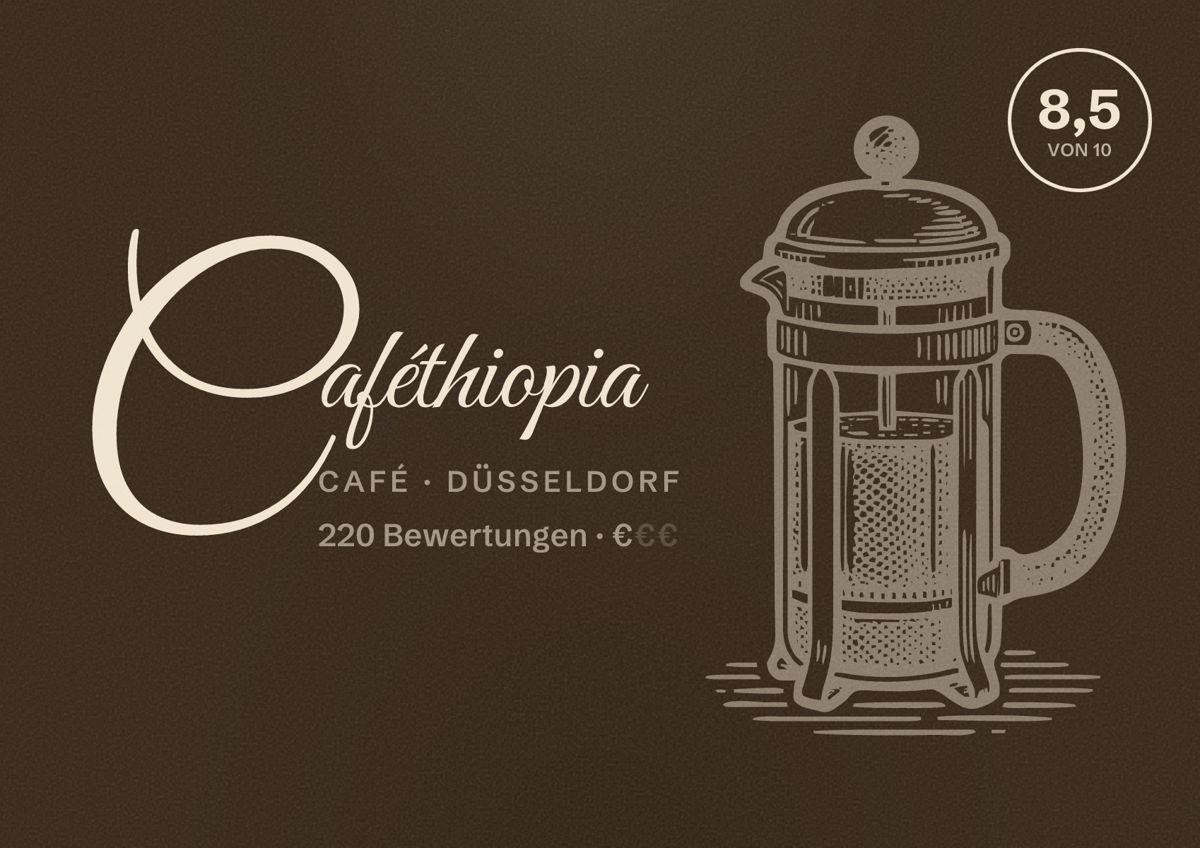 Illustriertes Poster von Caféthiopia, Café in Düsseldorf: Bewertung 8,5 von 10 aus 220 Bewertungen, Preisniveau €