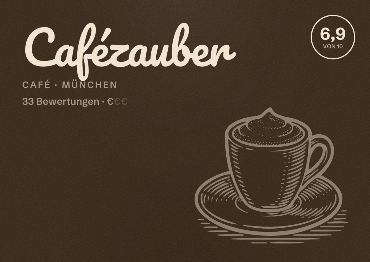 Illustriertes Poster von Cafézauber, Café in München: Bewertung 6,9 von 10 aus 33 Bewertungen, Preisniveau €