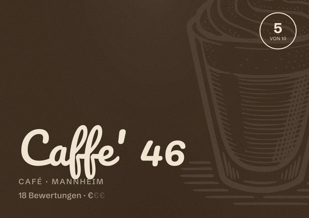 Illustriertes Poster von Caffe' 46, Café in Mannheim: Bewertung 5 von 10 aus 18 Bewertungen, Preisniveau €