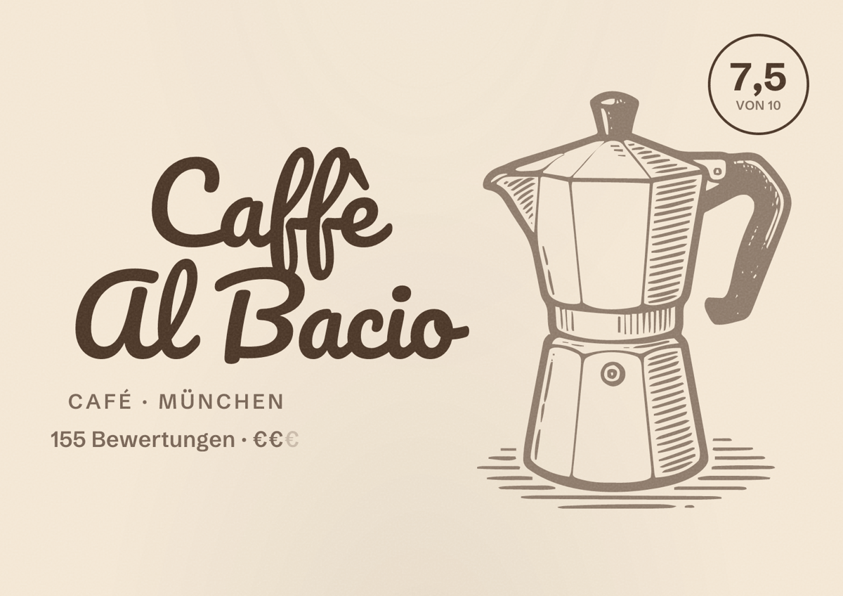 Illustriertes Poster von Caffè Al Bacio, Café in München: Bewertung 7,5 von 10 aus 155 Bewertungen, Preisniveau €€