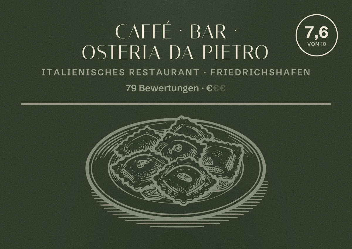 Illustriertes Poster von Caffé · Bar · Osteria Da Pietro, Italienisches Restaurant in Friedrichshafen: Bewertung 7,6 von 10 aus 79 Bewertungen, Preisniveau €