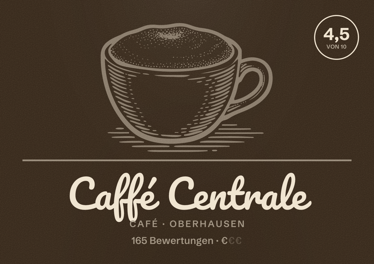 Illustriertes Poster von Caffé Centrale, Café in Oberhausen: Bewertung 4,5 von 10 aus 165 Bewertungen, Preisniveau €