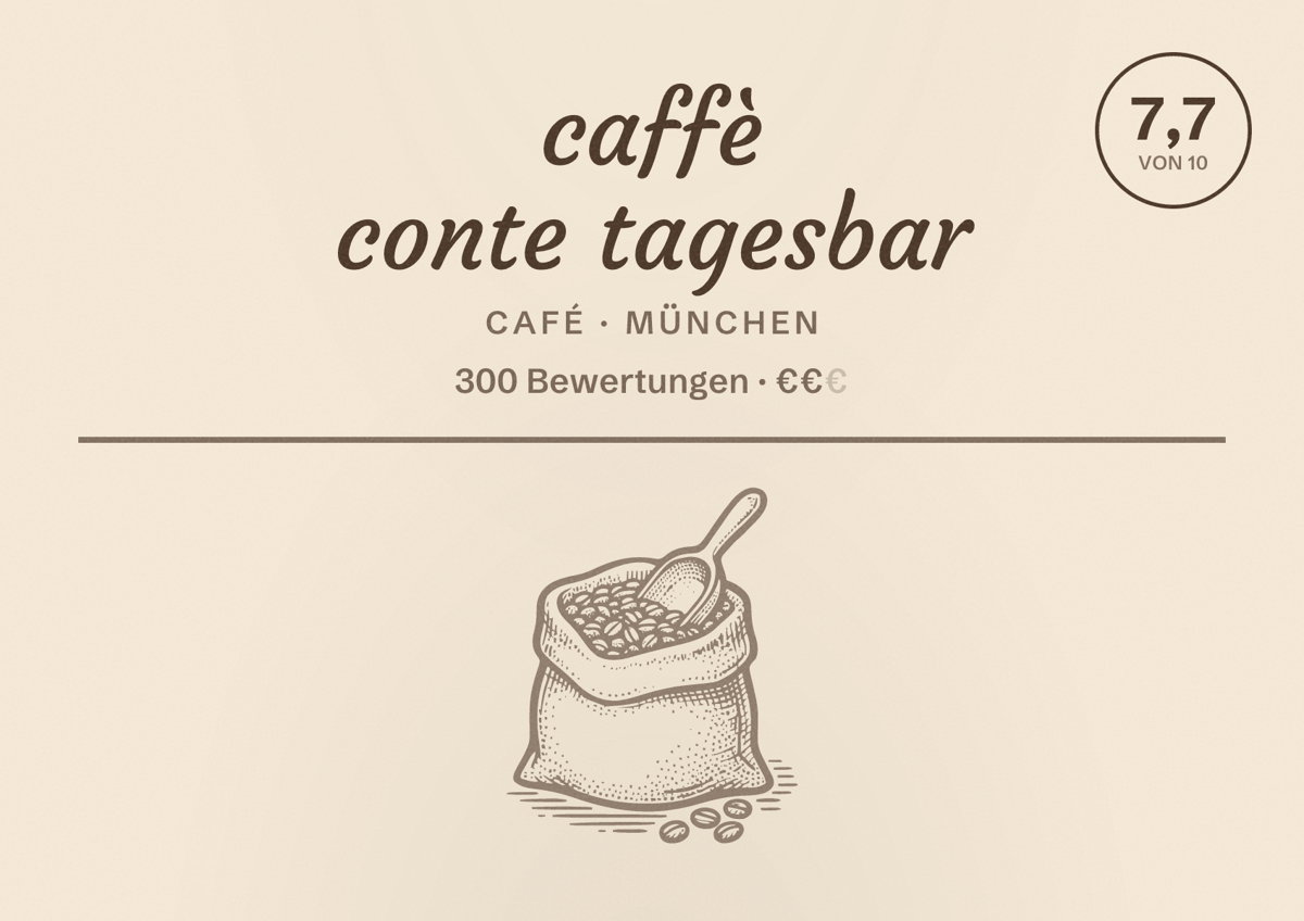 Illustriertes Poster von caffè conte tagesbar, Café in München: Bewertung 7,7 von 10 aus 300 Bewertungen, Preisniveau €€