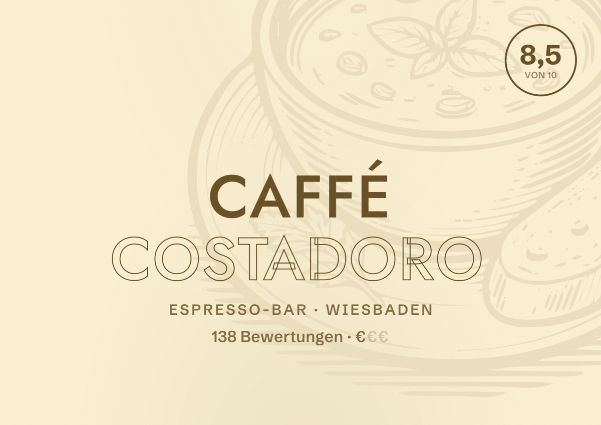 Illustriertes Poster von CAFFÉ COSTADORO, Espresso-Bar in Wiesbaden: Bewertung 8,5 von 10 aus 138 Bewertungen, Preisniveau €