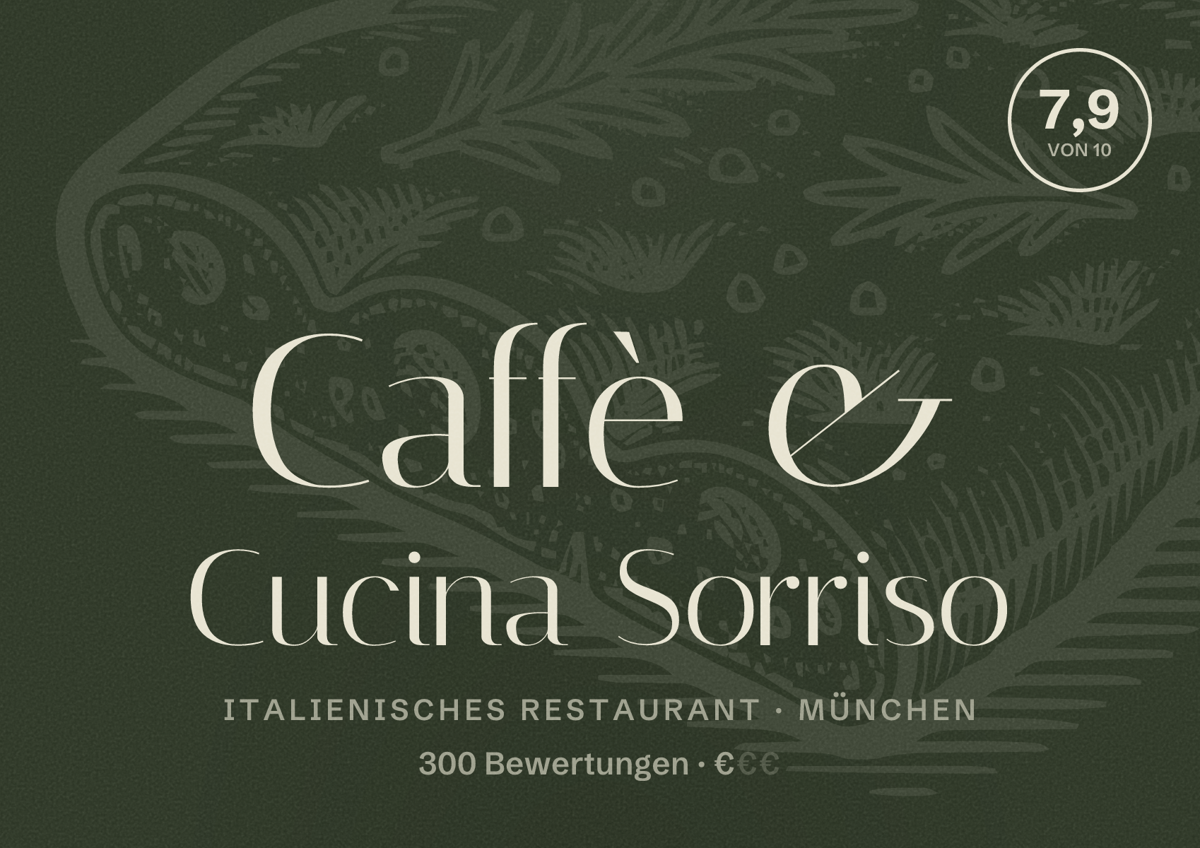Illustriertes Poster von Caffè & Cucina Sorriso, Italienisches Restaurant in München: Bewertung 7,9 von 10 aus 300 Bewertungen, Preisniveau €