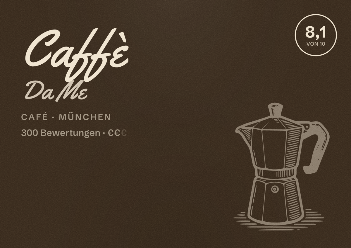Illustriertes Poster von Caffè Da Me, Café in München: Bewertung 8,1 von 10 aus 300 Bewertungen, Preisniveau €€