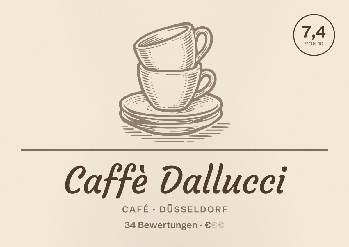 Illustriertes Poster von Caffè Dallucci, Café in Düsseldorf: Bewertung 7,4 von 10 aus 34 Bewertungen, Preisniveau €