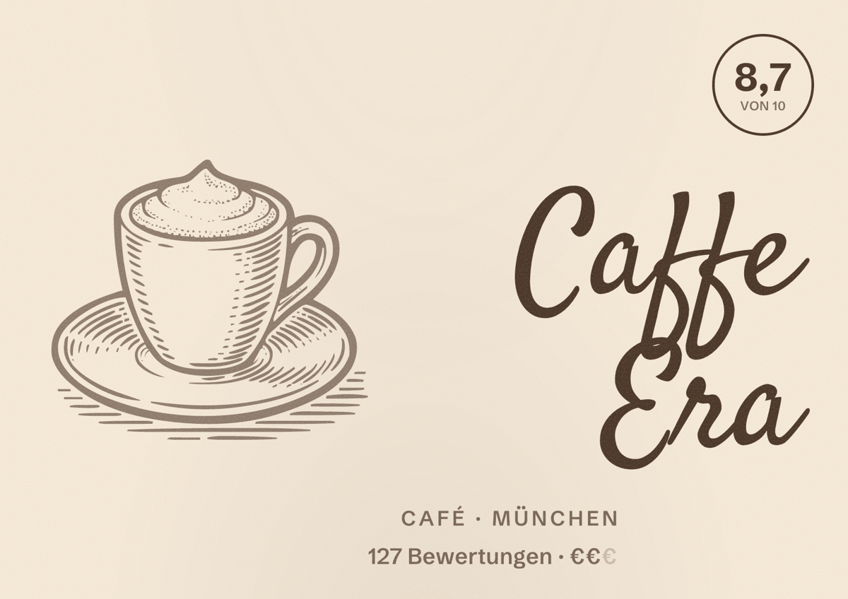 Illustriertes Poster von Caffe Era, Café in München: Bewertung 8,7 von 10 aus 127 Bewertungen, Preisniveau €€