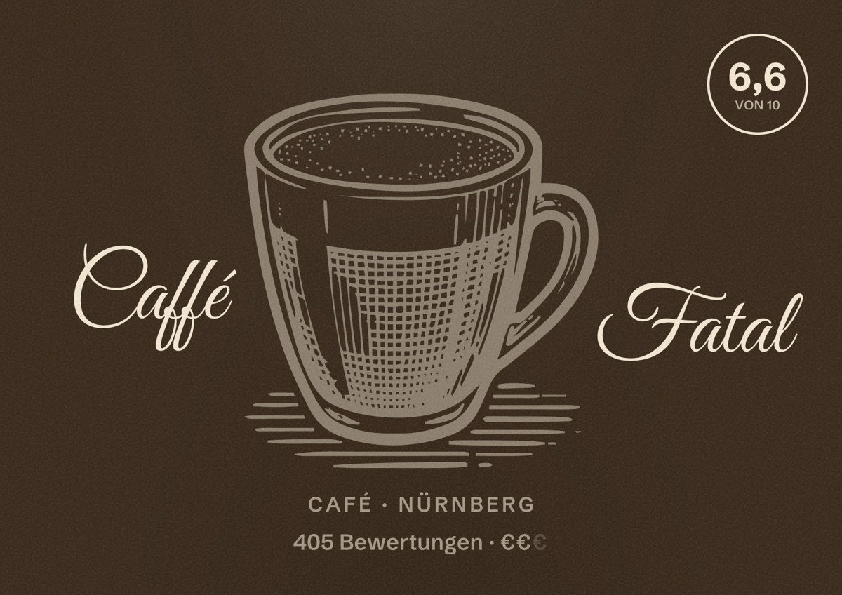 Illustriertes Poster von Caffé Fatal, Café in Nürnberg: Bewertung 6,6 von 10 aus 405 Bewertungen, Preisniveau €€