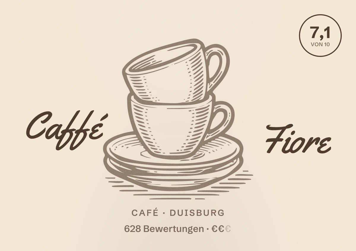 Illustriertes Poster von Caffé Fiore, Café in Duisburg: Gästebewertung 7,1 von 10 aus 628 Bewertungen