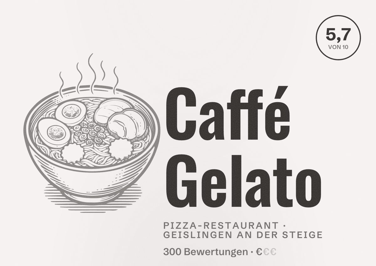 Illustriertes Poster von Caffé Gelato, Pizza-Restaurant in Geislingen an der Steige: Bewertung 5,7 von 10 aus 300 Bewertungen, Preisniveau €
