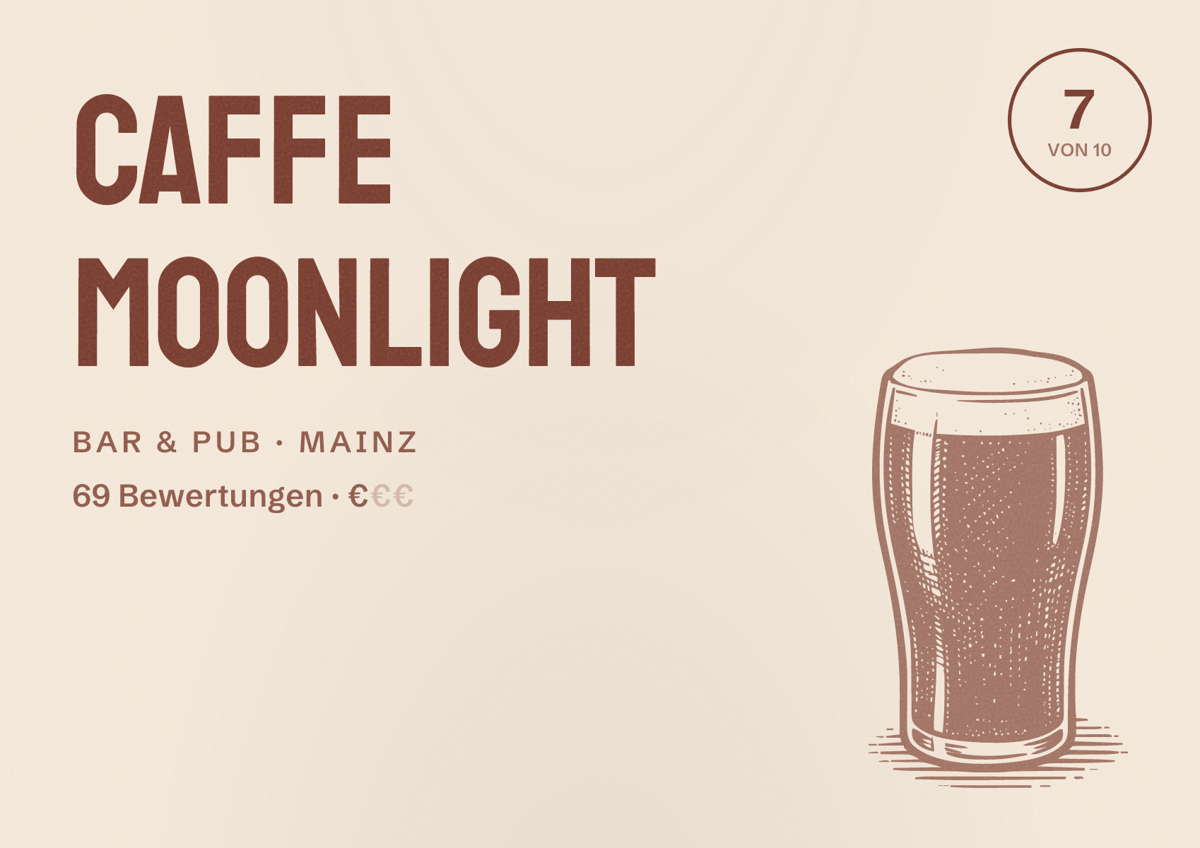 Illustriertes Poster von Caffe Moonlight, Bar & Pub in Mainz: Bewertung 7 von 10 aus 69 Bewertungen, Preisniveau €