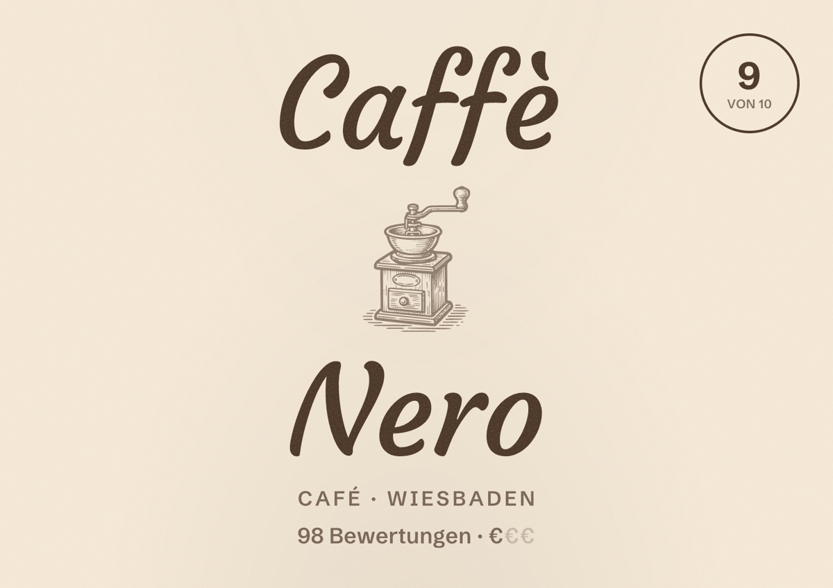 Illustriertes Poster von Caffè Nero, Café in Wiesbaden: Bewertung 9,0 von 10 aus 98 Bewertungen, Preisniveau €