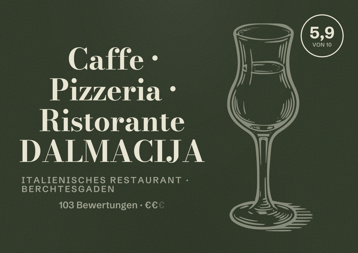 Illustriertes Poster von Caffe • Pizzeria • Ristorante DALMACIJA, Italienisches Restaurant in Berchtesgaden: Bewertung 5,9 von 10 aus 103 Bewertungen, Preisniveau €€