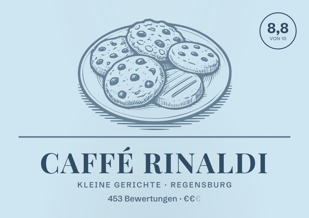 Illustriertes Poster von Caffé Rinaldi, Kleine Gerichte in Regensburg: Bewertung 8,8 von 10 aus 453 Bewertungen, Preisniveau €€