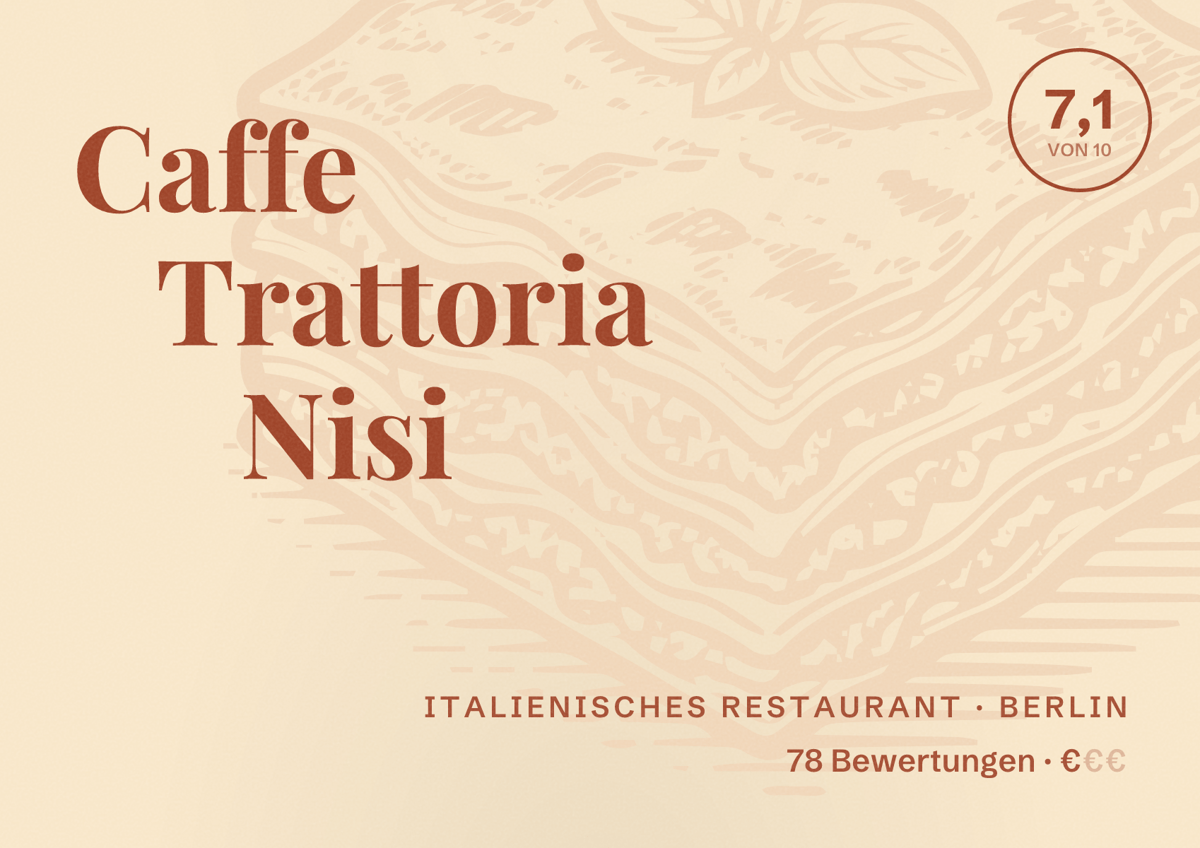 Illustriertes Poster von Caffe Trattoria Nisi, Italienisches Restaurant in Berlin: Bewertung 7,1 von 10 aus 78 Bewertungen, Preisniveau €