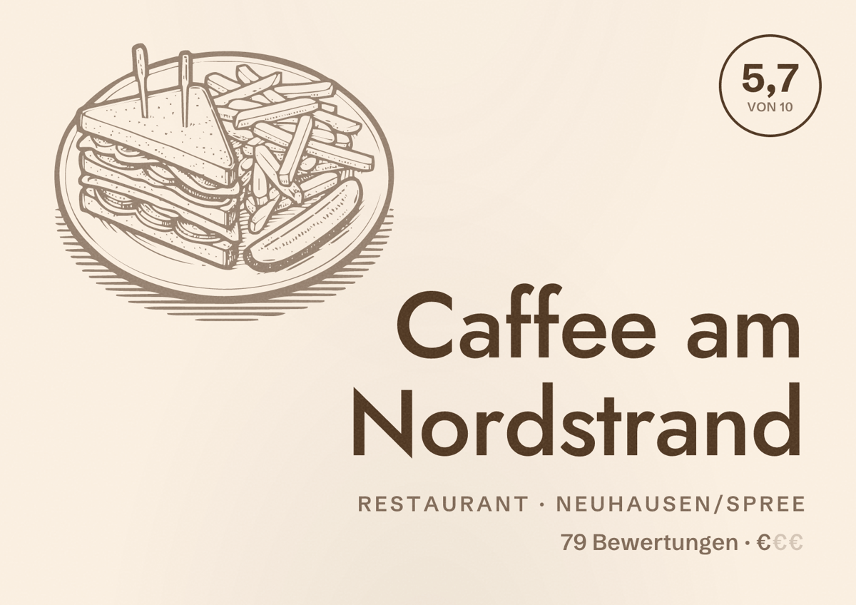 Illustriertes Poster von Caffee am Nordstrand, Restaurant in Neuhausen/Spree: Bewertung 5,7 von 10 aus 79 Bewertungen, Preisniveau €