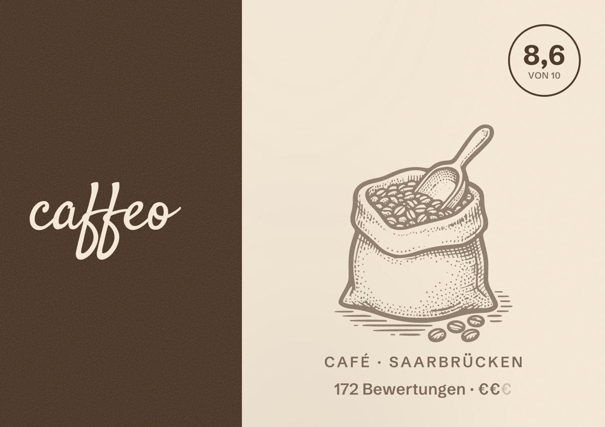 Illustriertes Poster von caffeo, Café in Saarbrücken: Bewertung 8,6 von 10 aus 172 Bewertungen, Preisniveau €€