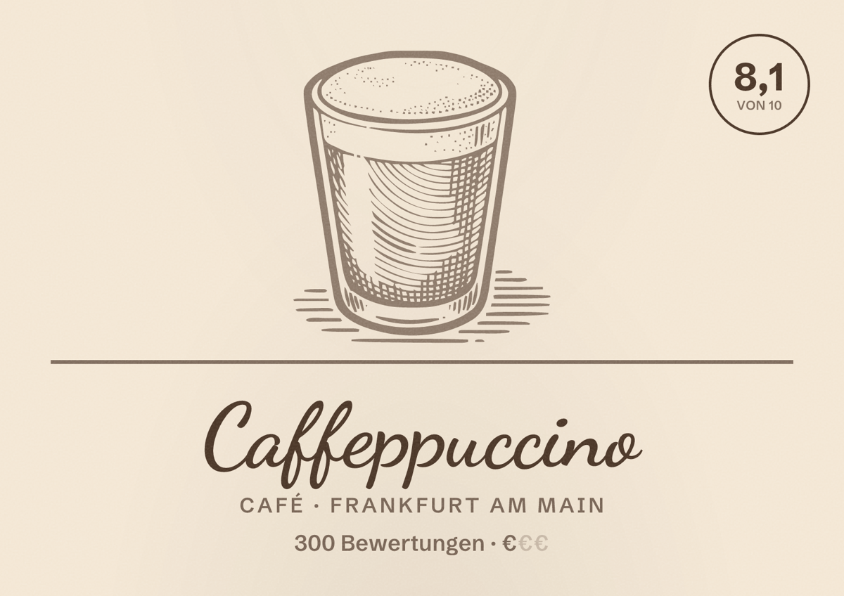 Illustriertes Poster von Caffeppuccino, Café in Frankfurt am Main: Bewertung 8,1 von 10 aus 300 Bewertungen, Preisniveau €