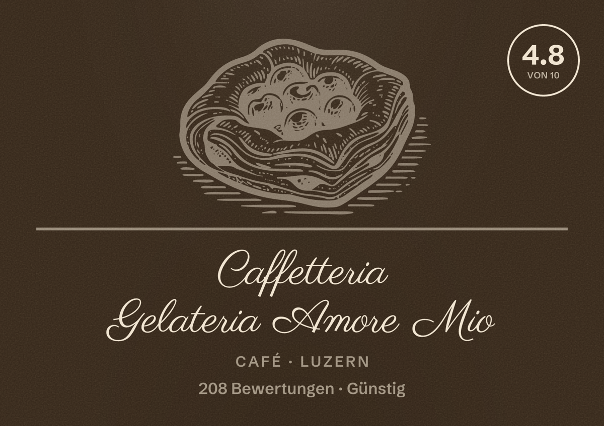 Illustriertes Poster von Caffetteria Gelateria Amore Mio, Café in Luzern: Bewertung 4.8 von 10 aus 208 Bewertungen, Preisniveau Günstig