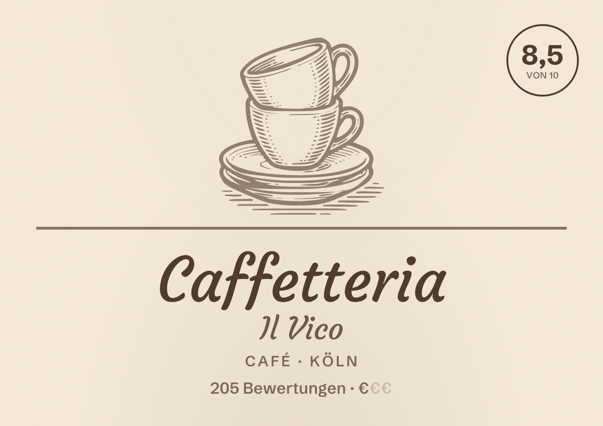 Illustriertes Poster von Caffetteria Il Vico, Café in Köln: Bewertung 8,5 von 10 aus 205 Bewertungen, Preisniveau €