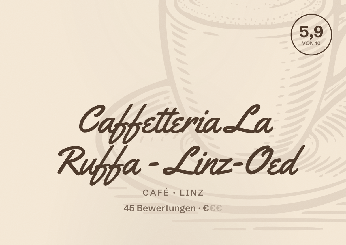 Illustriertes Poster von Caffetteria La Ruffa - Linz-Oed, Café in Linz: Bewertung 5,9 von 10 aus 45 Bewertungen, Preisniveau €